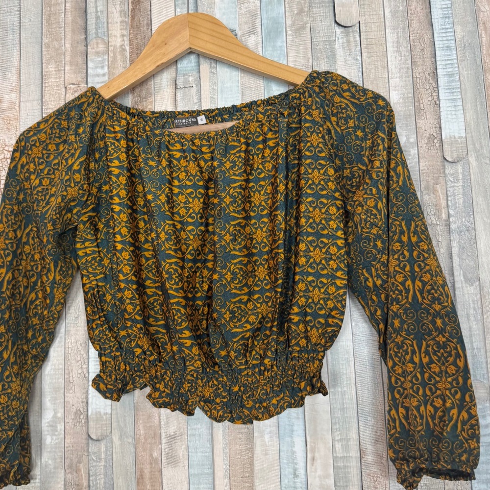 Earthbound Trading Co Damask Off Shoulder Smocked Crop Top Boho Renaissance S